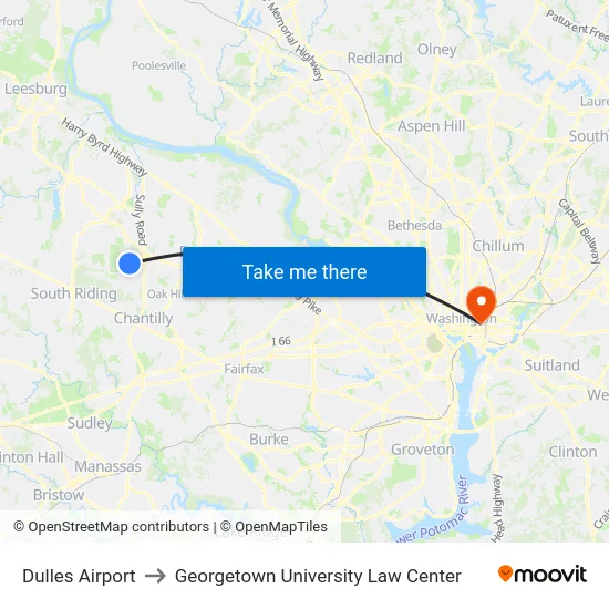 Dulles Airport to Georgetown University Law Center map