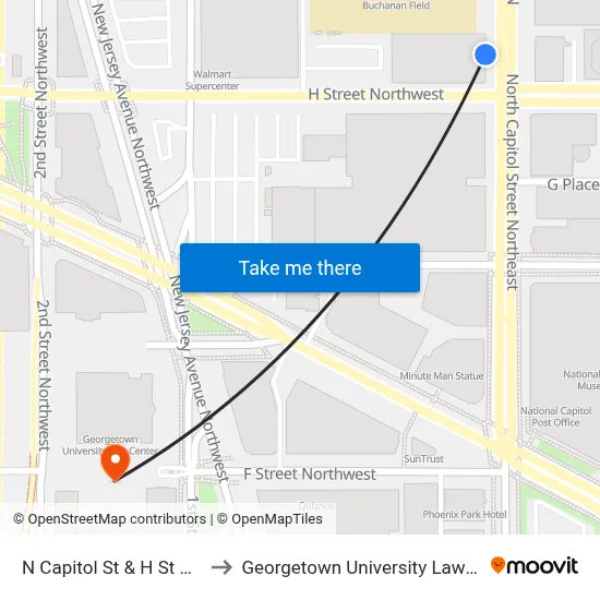 N Capitol St & H St NW Sb to Georgetown University Law Center map