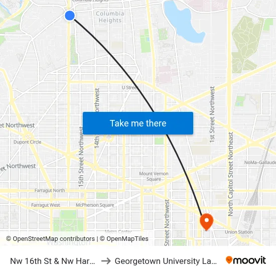 Nw 16th St & Nw Harvard St to Georgetown University Law Center map
