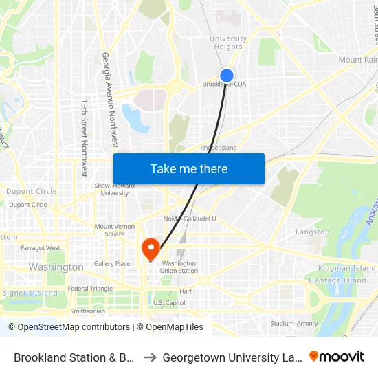Brookland Station & Bus Bay B to Georgetown University Law Center map