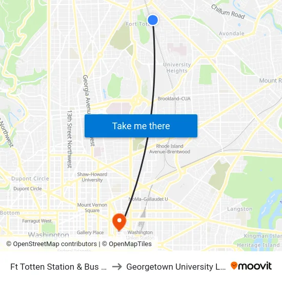 Ft Totten Station & Bus Bay E, F, G to Georgetown University Law Center map