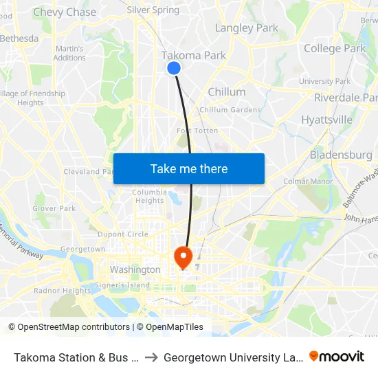 Takoma Station & Bus Bay E&F to Georgetown University Law Center map