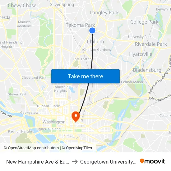 New Hampshire Ave & East-West Hwy to Georgetown University Law Center map