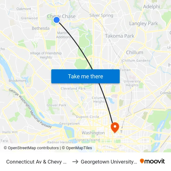 Connecticut Av & Chevy Chase Lake Dr to Georgetown University Law Center map