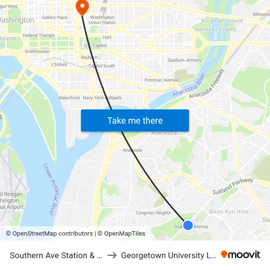 Southern Ave Station & Bus Bay Q to Georgetown University Law Center map