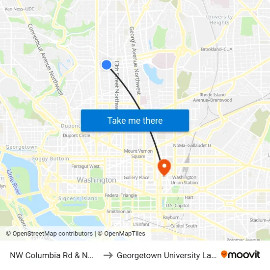 NW Columbia Rd & NW 14th St to Georgetown University Law Center map