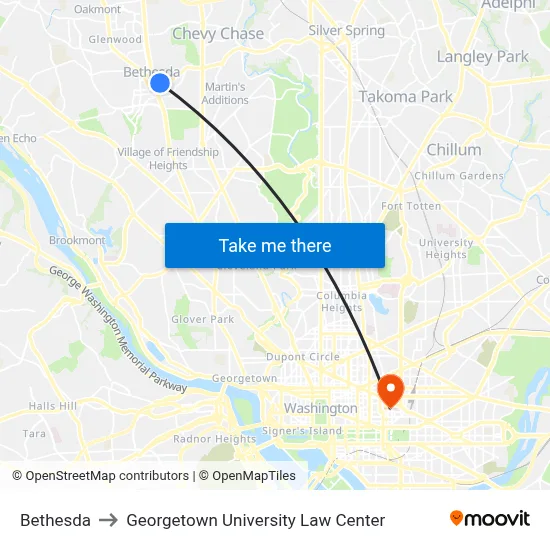 Bethesda to Georgetown University Law Center map