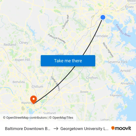 Baltimore Downtown Bus Station to Georgetown University Law Center map