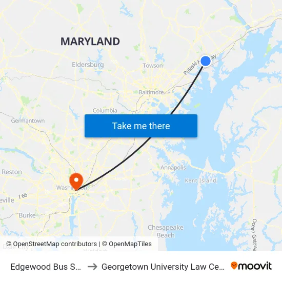 Edgewood Bus Stop to Georgetown University Law Center map