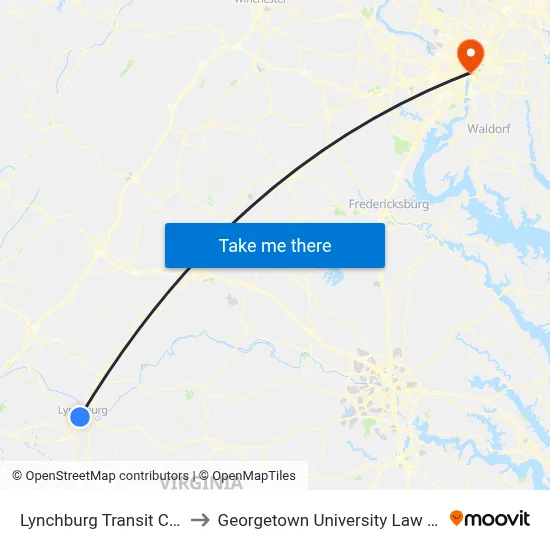 Lynchburg Transit Center to Georgetown University Law Center map