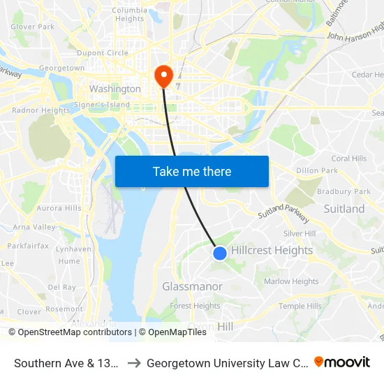 Southern Ave & 13th St to Georgetown University Law Center map