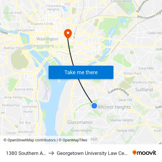1380 Southern Ave to Georgetown University Law Center map