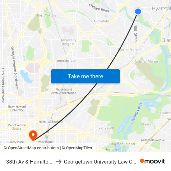 38th Av & Hamilton St to Georgetown University Law Center map