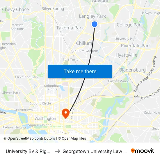 University Bv & Riggs Rd to Georgetown University Law Center map