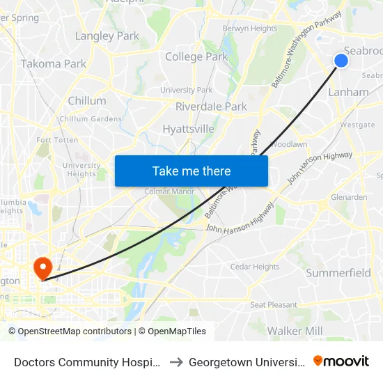 Doctors Community Hospital at Bus Shelter to Georgetown University Law Center map