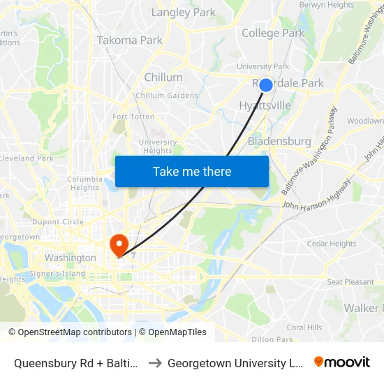 Queensbury Rd + Baltimore Ave to Georgetown University Law Center map