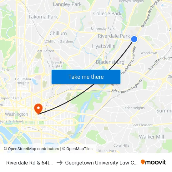 Riverdale Rd & 64th Av to Georgetown University Law Center map