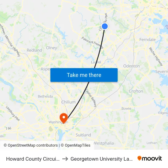 Howard County Circuit Court to Georgetown University Law Center map