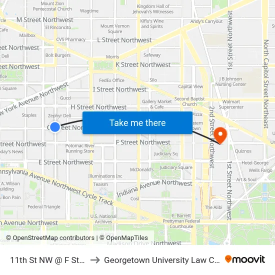 11th St NW @ F St NW to Georgetown University Law Center map