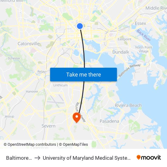 Baltimore Penn Station to University of Maryland Medical System UM Baltimore Washington Medical Center map