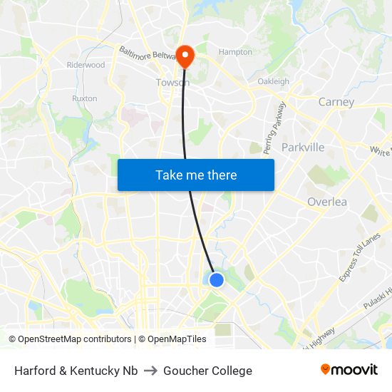 Harford & Kentucky Nb to Goucher College map