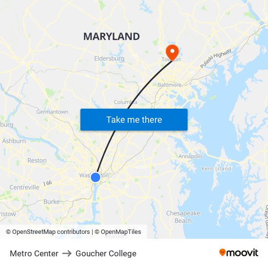 Metro Center to Goucher College map