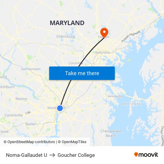 Noma-Gallaudet U to Goucher College map