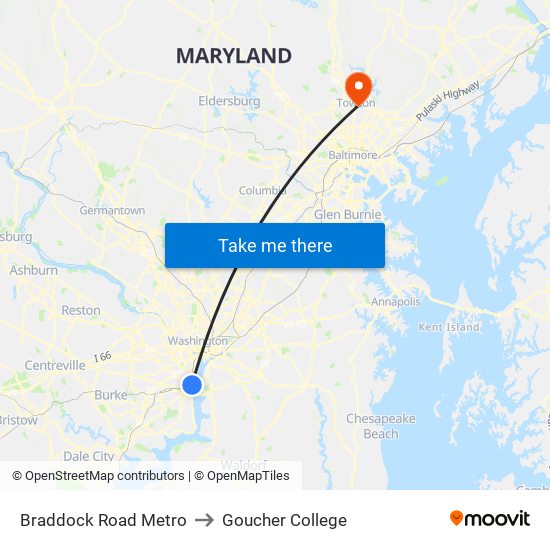 Braddock Road Metro to Goucher College map