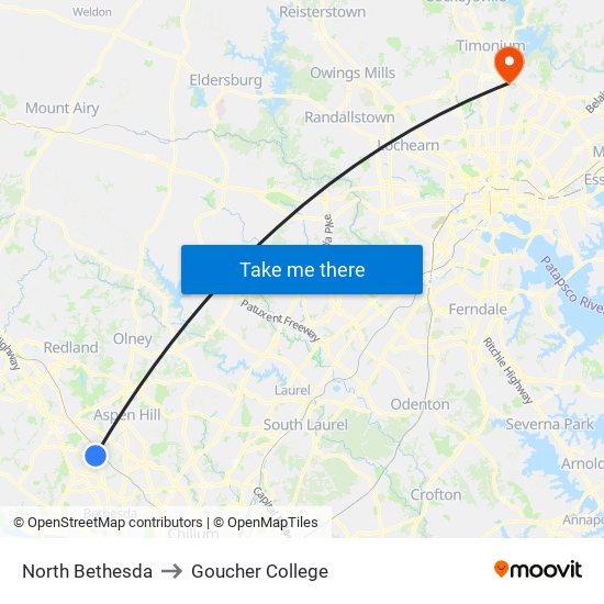 North Bethesda to Goucher College map