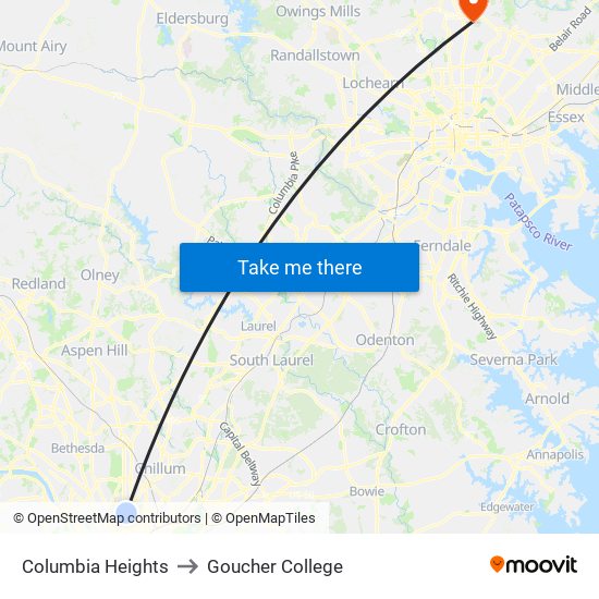 Columbia Heights to Goucher College map