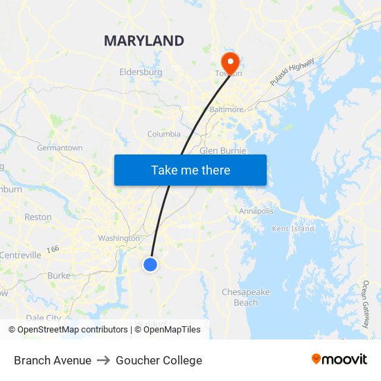 Branch Avenue to Goucher College map