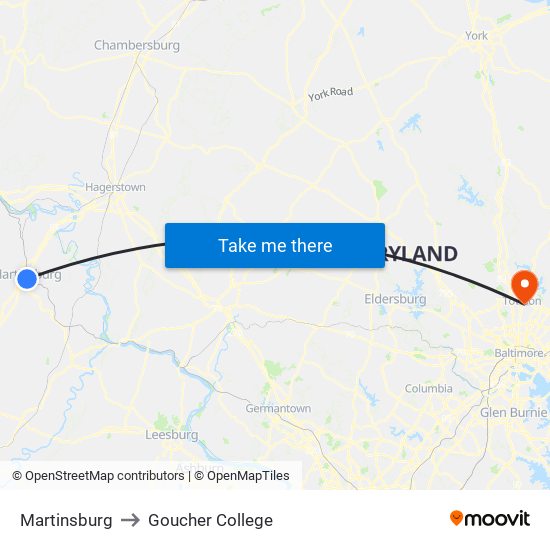 Martinsburg to Goucher College map