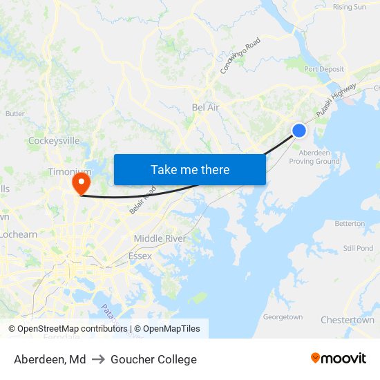 Aberdeen, Md to Goucher College map