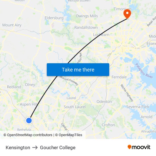 Kensington to Goucher College map