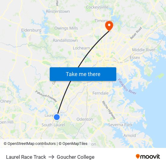 Laurel Race Track to Goucher College map