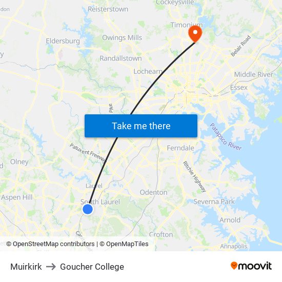 Muirkirk to Goucher College map