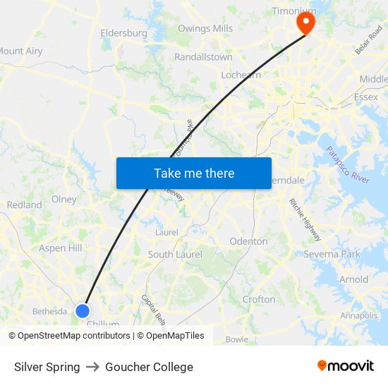 Silver Spring to Goucher College map