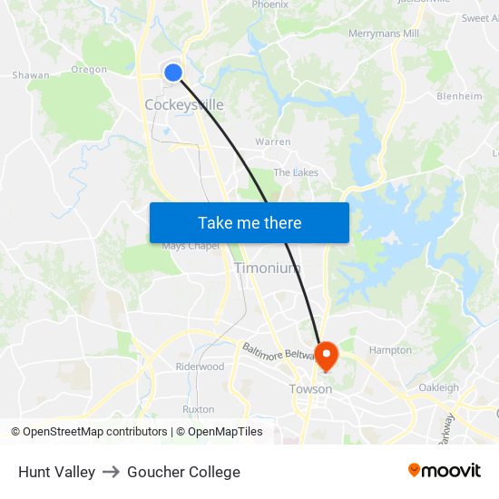 Hunt Valley to Goucher College map