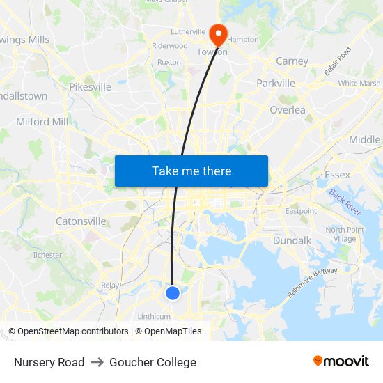 Nursery Road to Goucher College map