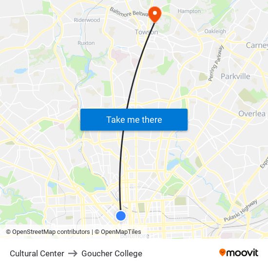 Cultural Center to Goucher College map