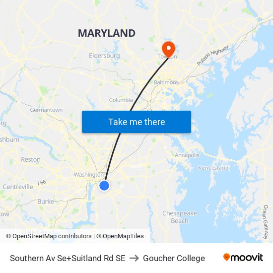 Southern Av Se+Suitland Rd SE to Goucher College map