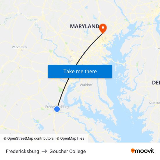 Fredericksburg to Goucher College map