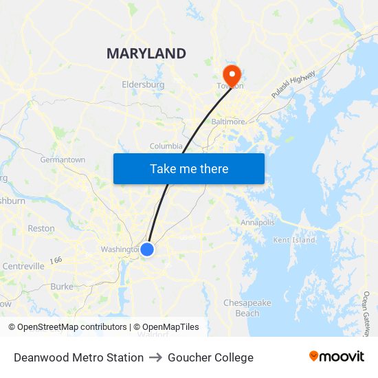 Deanwood Metro Station to Goucher College map