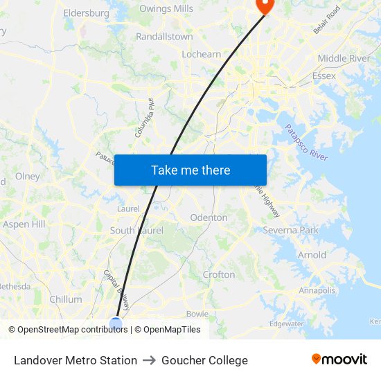 Landover Metro Station to Goucher College map