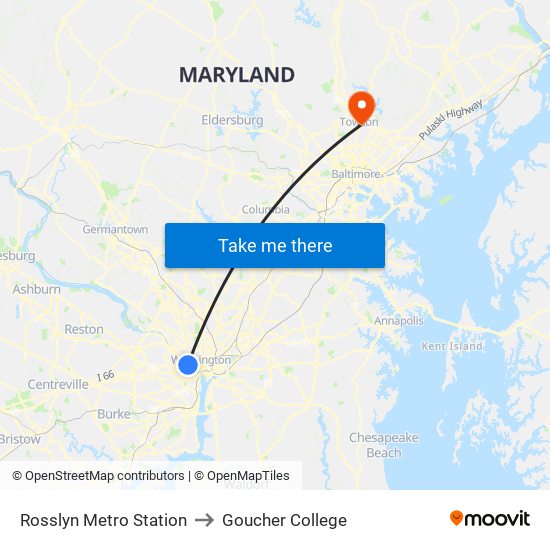 Rosslyn Metro Station to Goucher College map