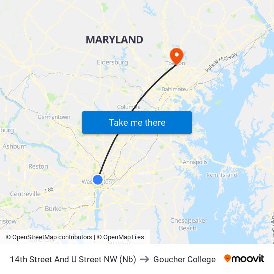 14th Street And U Street NW (Nb) to Goucher College map