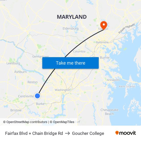 Fairfax Blvd + Chain Bridge Rd to Goucher College map