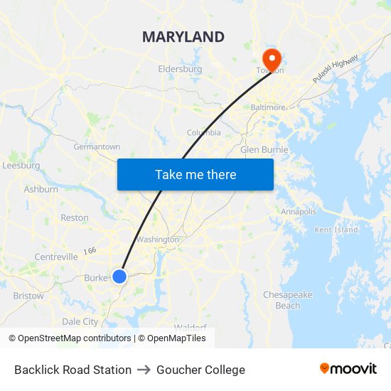 Backlick Road Station to Goucher College map