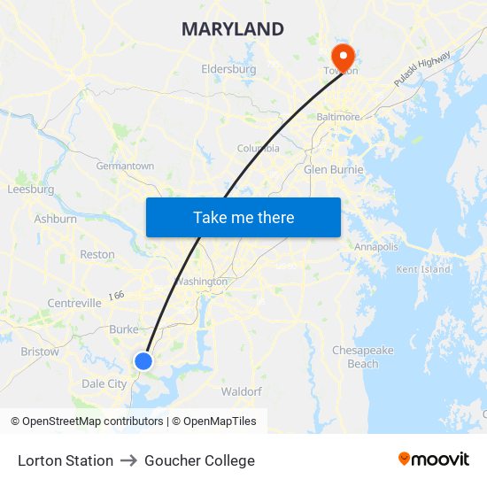 Lorton Station to Goucher College map