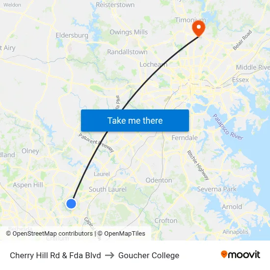 Cherry Hill Rd & Fda Blvd to Goucher College map